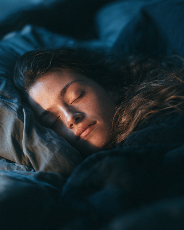 Woman sleeping peacefully in soft blue bedding