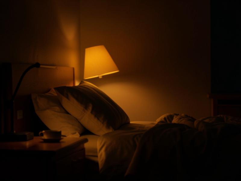Dim bedside lamp glowing in a dark bedroom