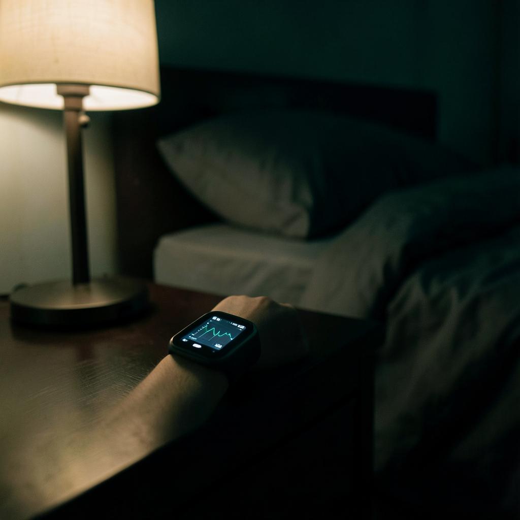 A sleep tracker on a wrist resting on a dark bedside table at night, its screen glowing with a sleep graph beside a dim lamp and an unmade bed