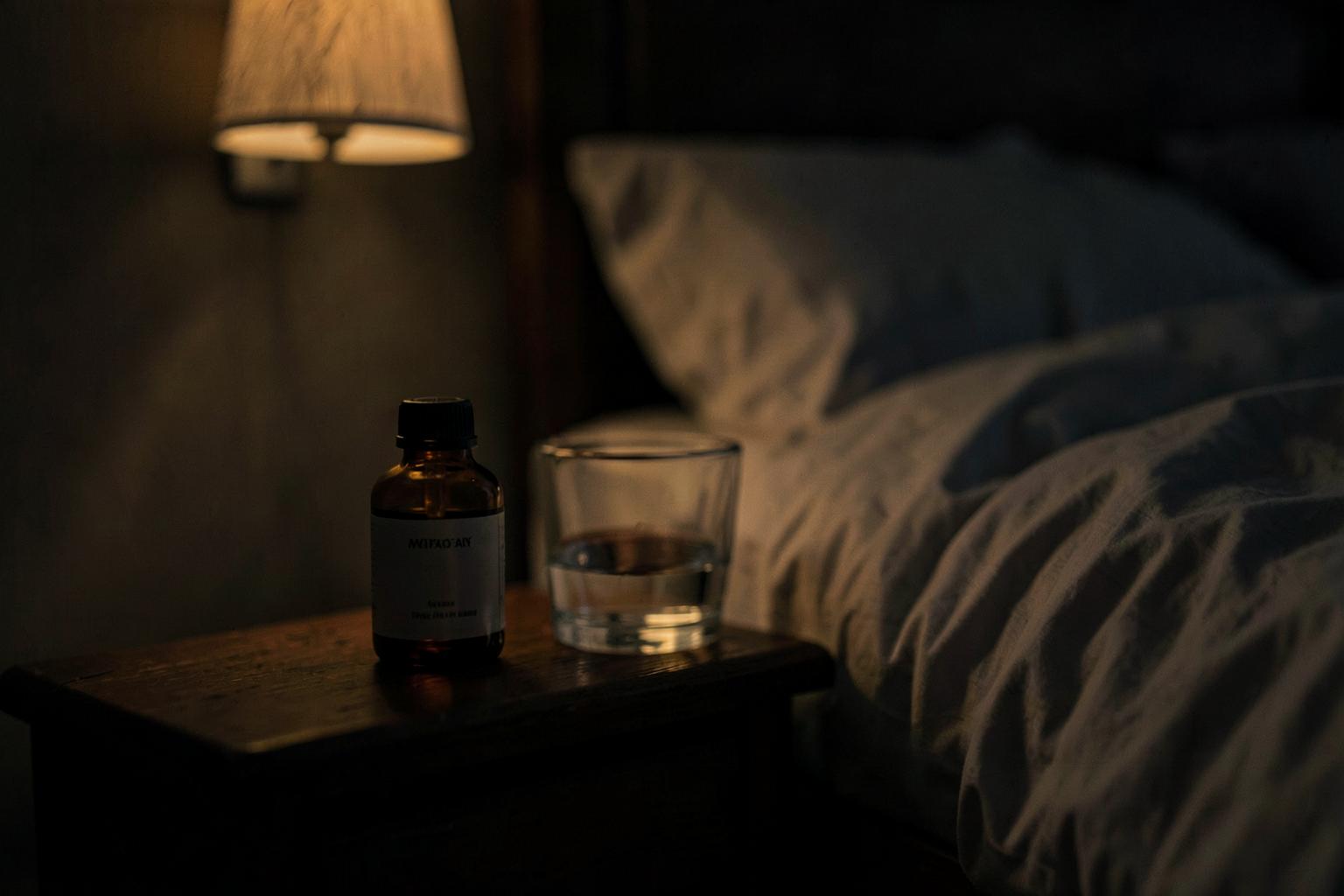 An amber supplement bottle and a glass of water on a dark wooden nightstand beside a softly lit bed at night